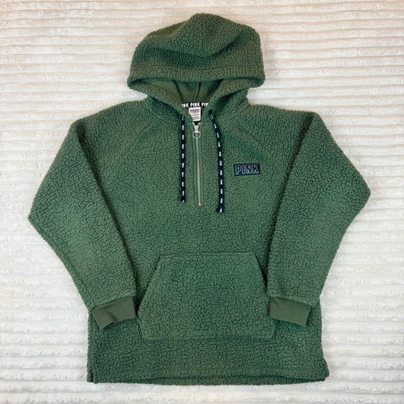 PINK Victoria's Secret Tops - PINK Victoria's Secret Olive Green Sherpa Pullover Hoodie Quarter Zip Womens‎ S